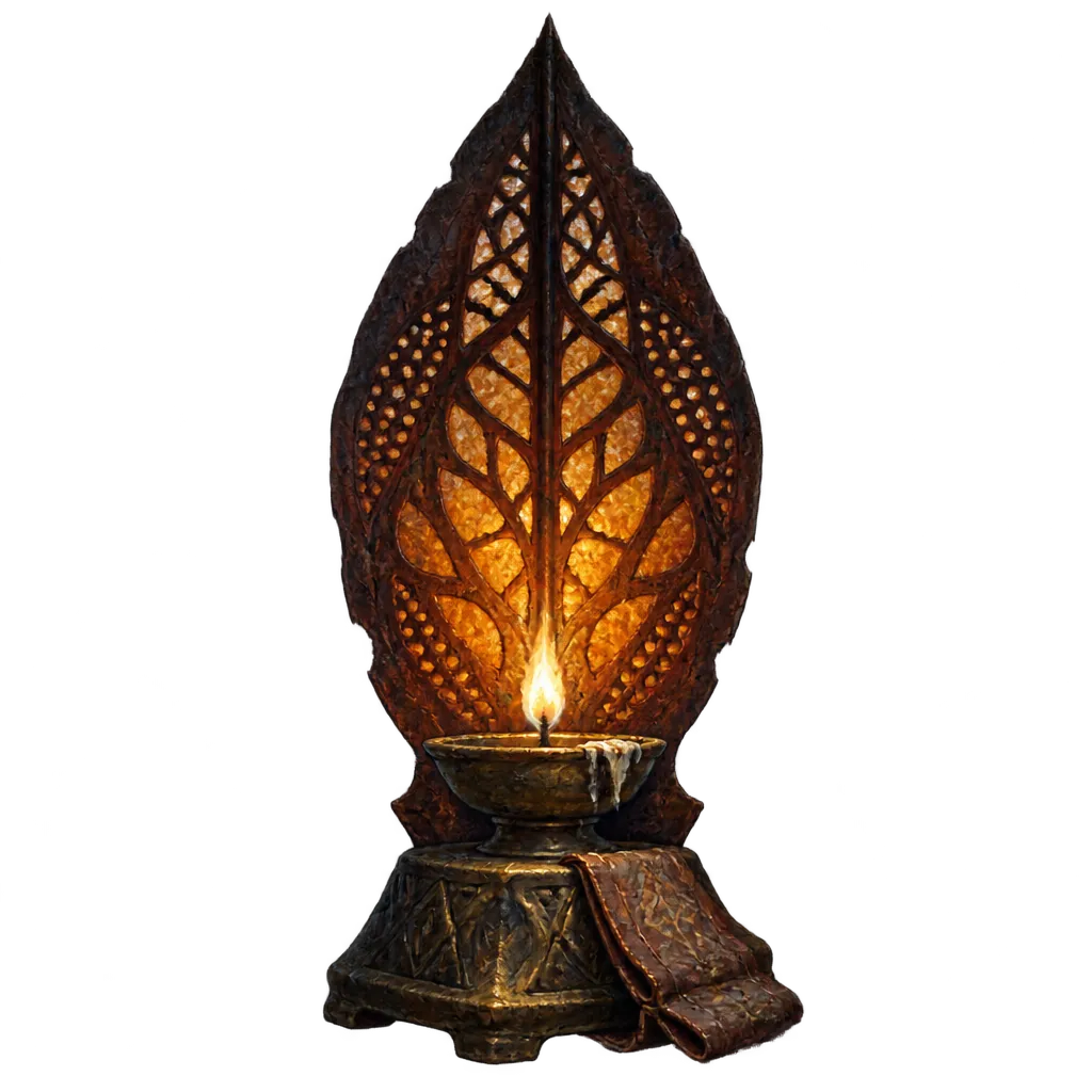 Wick Shrine: panel kulit tatah berbentuk daun di atas alas perunggu, sumbu menyala di mangkuk di depannya, selembar kulit terlipat sebagai persembahan.